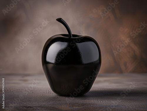 shiny black apple against a neutral background