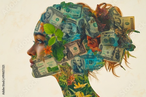 Collage of a womans face with currency commenting on the materialistic aspects of society