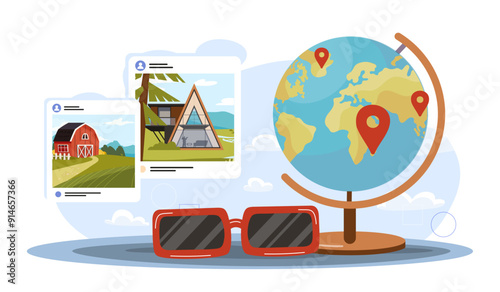 Tourism expert concept. Sunglasses for globe with pictures and photographs of beautiful views. Tourist agency. Travel and tourism. Holiday and vacation. Flat vector illustration