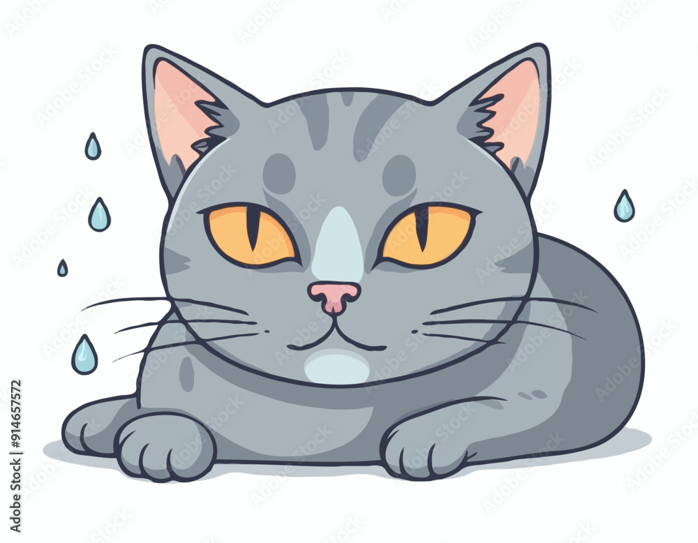 Sad gray cat Tik lies in tears. Vector illustration Sad gray cat Tik lies in tears. Vector illustration