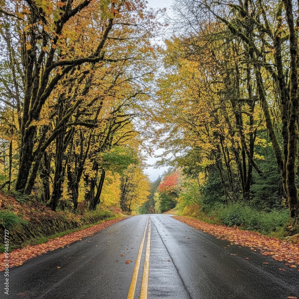 Fototapeta premium A picturesque autumn stretch of winding rural road through deciduous forests.