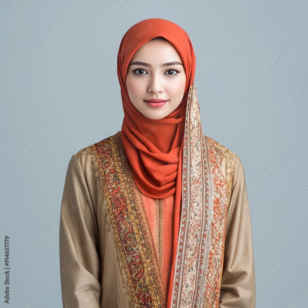 Muslim woman in stylish kurung and hijab on grey. Muslim woman in stylish kurung and hijab on grey.