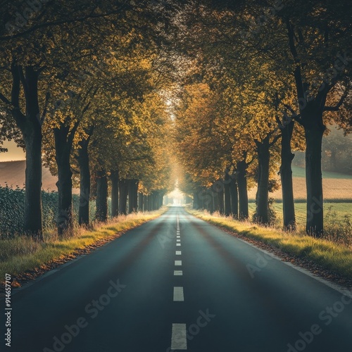 The charming autumnal curves of a rural road winding through a forest of deciduous trees.