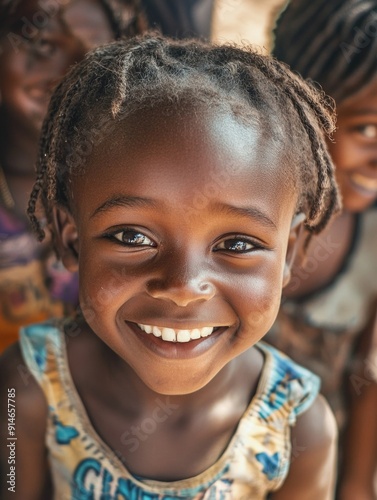 A happy young girl with a bright smile looks directly at the camera