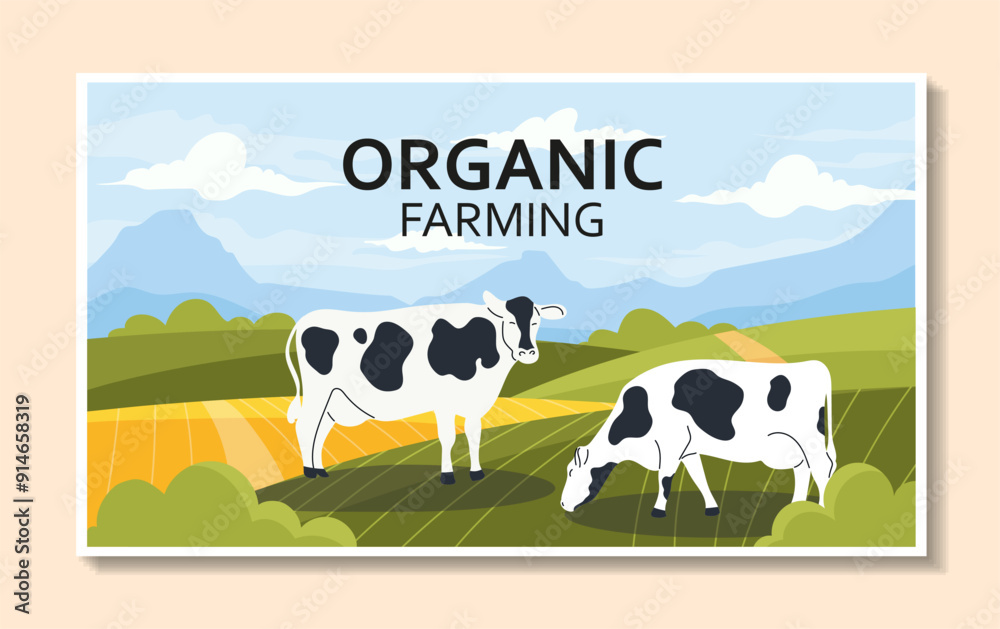 Village and farm poster. Cows graze in meadow. Agriculture in rural ...