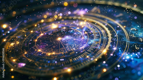 Astrological signs on shiny golden circle in blue space, abstract Zodiac wheel with stars and galaxy. Concept of astrology, symbol, horoscope, background and time