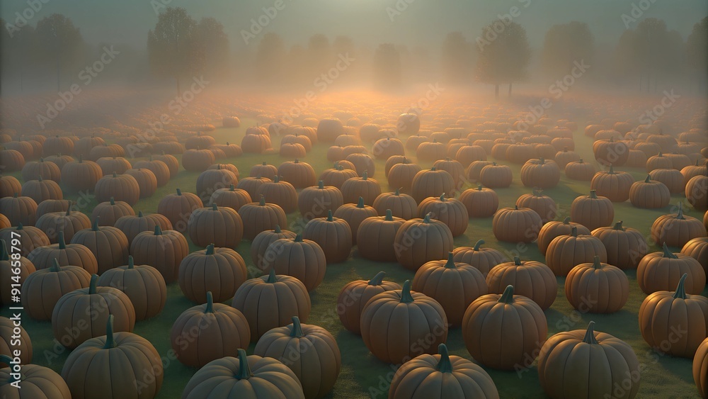 Obraz premium Misty Pumpkin Patch at Dawn with Soft Sunrise Glow