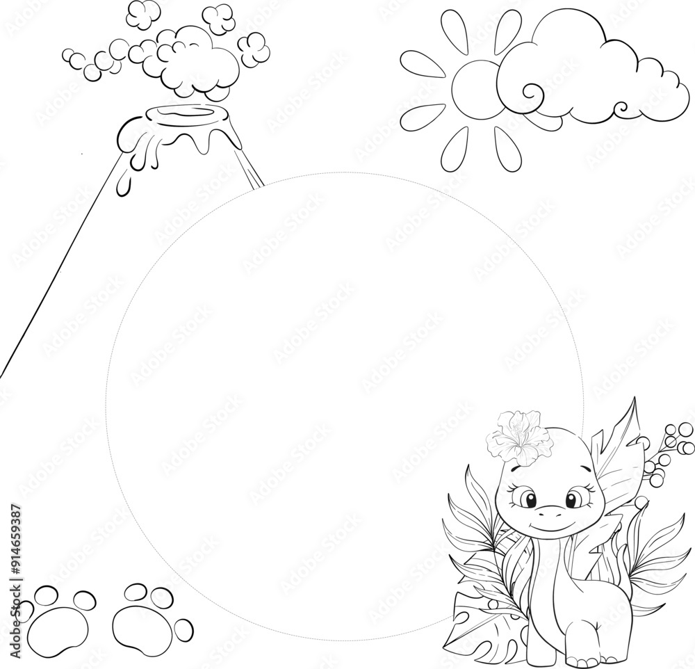 Vector circle frame - baby dinosaur. Diplodocus with palm leaves, Clipart for baby shower, nursery, decor, stickers, prints with historical animals. Jurassic period. Black silhouette for circuit Vector circle frame - baby dinosaur. Diplodocus with palm leaves, Clipart for baby shower, nursery, decor, stickers, prints with historical animals. Jurassic period. Black silhouette for circuit