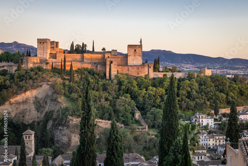 Sunset view of the Alhambra in Granada.