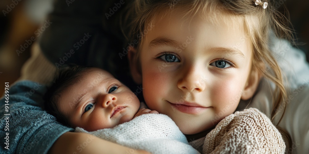 A young child holds a newborn baby A young child holds a newborn baby