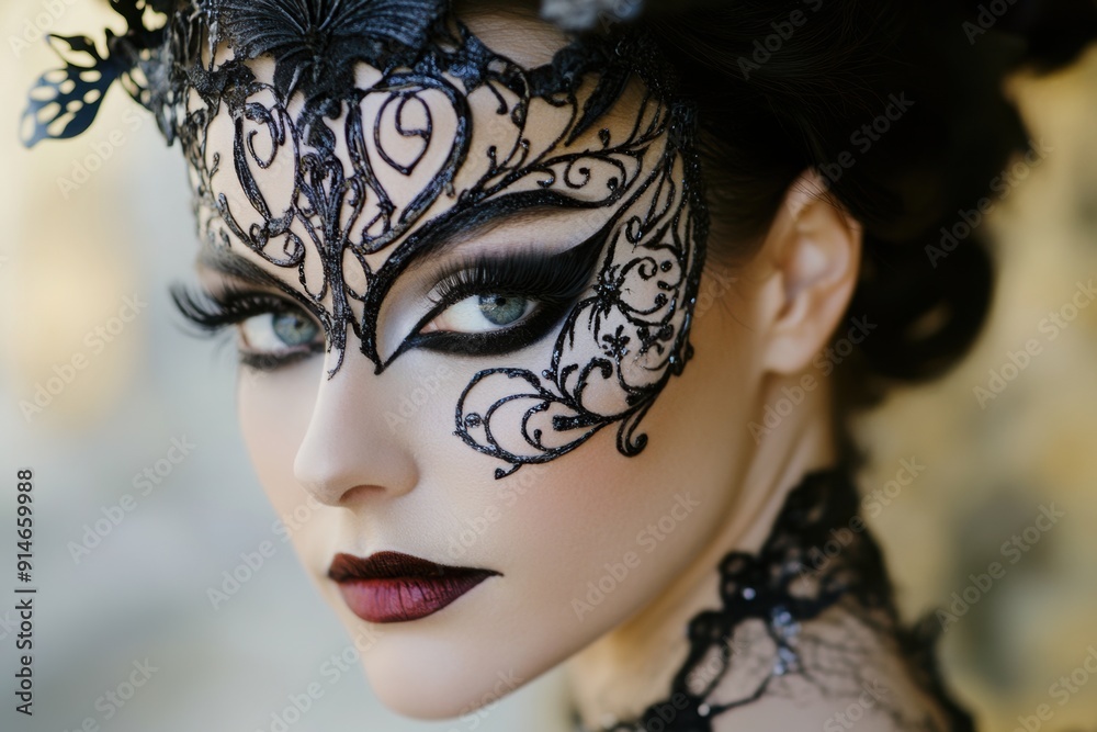 Woman with elegant masquerade Halloween makeup, with an intricate mask design Woman with elegant masquerade Halloween makeup, with an intricate mask design