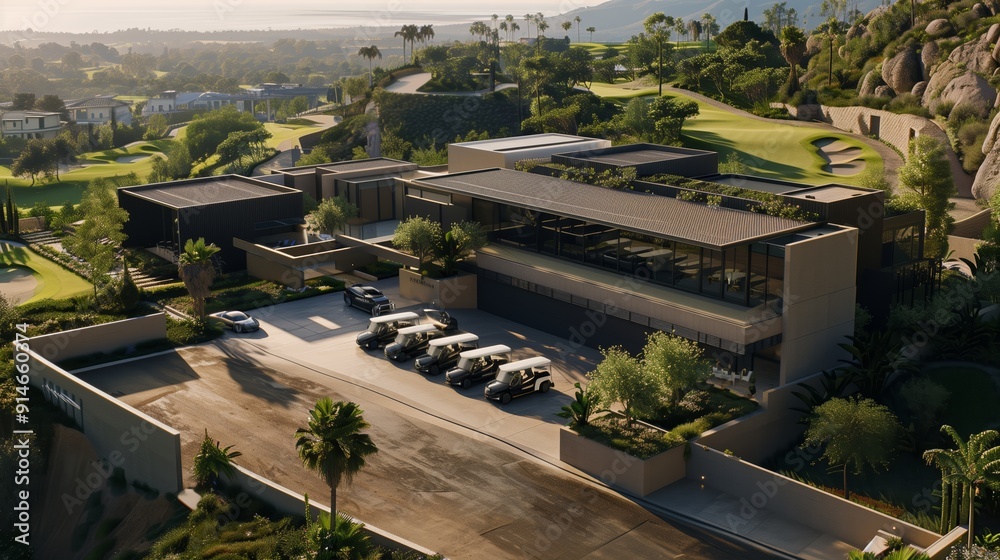 Modern Architectural Design of a Luxurious Golf Resort Surrounded by Nature at Sunset Modern Architectural Design of a Luxurious Golf Resort Surrounded by Nature at Sunset