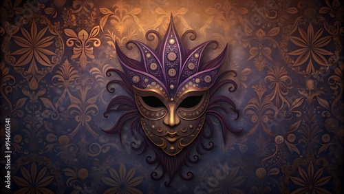 Ornate Venetian Mask Illustration with Warm Glow and Intricate Patterns