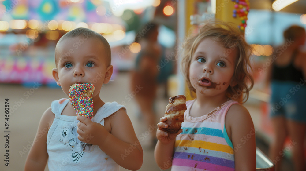 oddlers with messy food at a brightly-lit fair oddlers with messy food at a brightly-lit fair