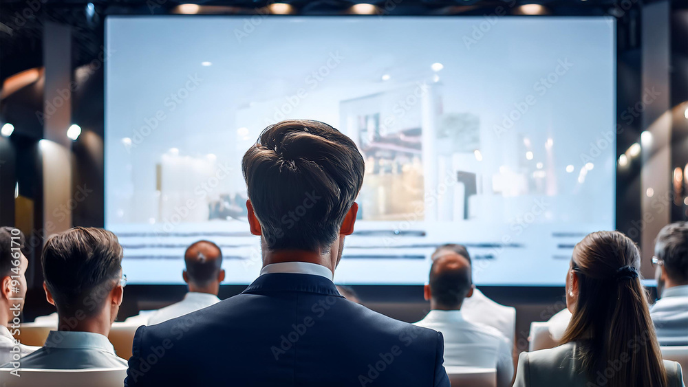 Fototapeta premium Corporate event presentation with executives watching a presentation on a big screen.