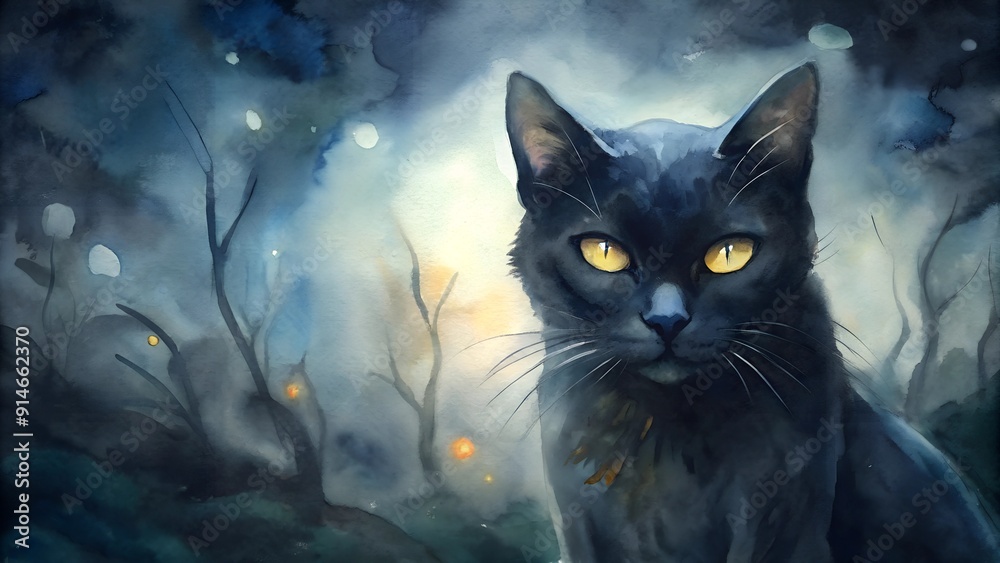 Black Cat with Glowing Yellow Eyes in a Mystical Forest Black Cat with Glowing Yellow Eyes in a Mystical Forest