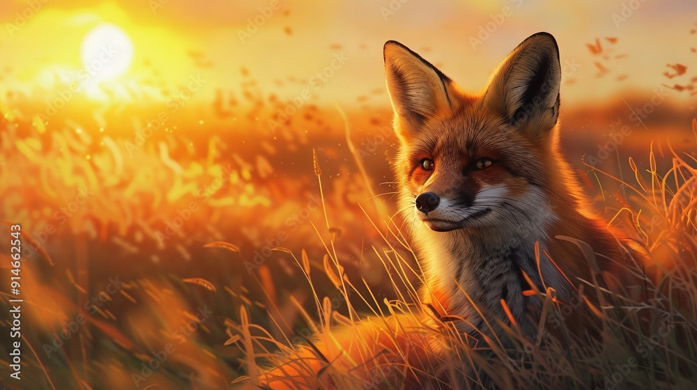 Fox in Field with Sunset Fox in Field with Sunset
