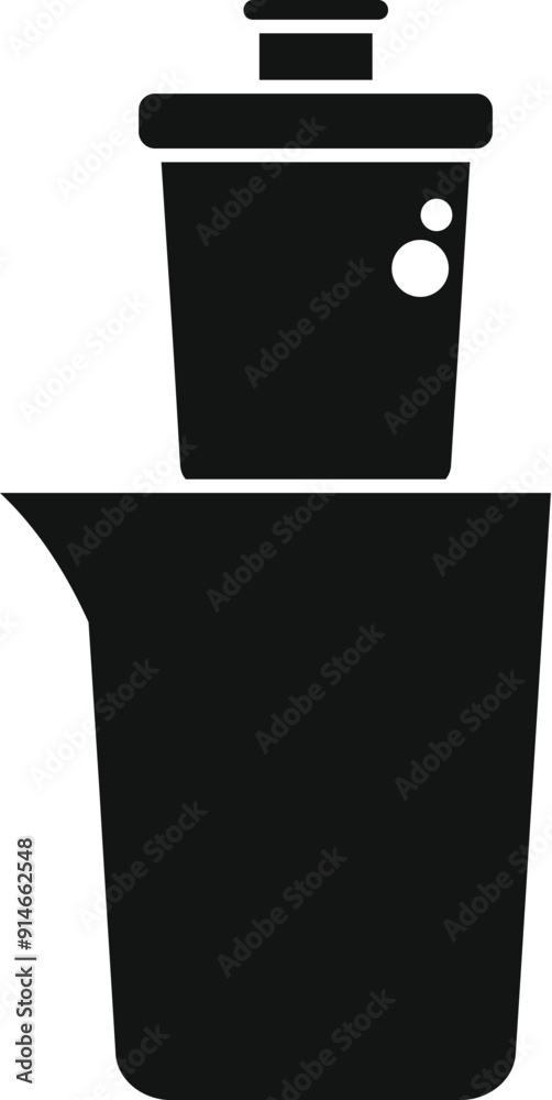 Black silhouette icon of a cocktail shaker standing on a measuring glass, for cocktail bar and mixology concepts Black silhouette icon of a cocktail shaker standing on a measuring glass, for cocktail bar and mixology concepts