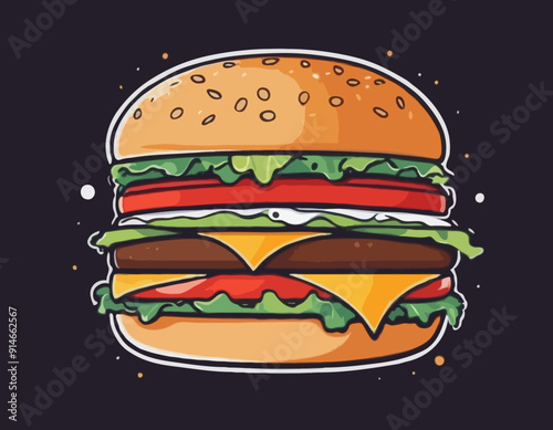 Burger with meat, cheese and vegetable for design of logo or emblem. American fast food or hamburger for label or poster. USA food with bun, lettuce, cheese, tomato, onion, cutlet for store