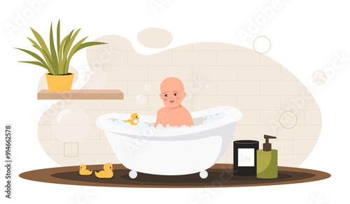 Baby in bathroom. Toddler sits in bathtub in soap foam with rubber ducky. Cleanliness and hygiene. Kid with shampoo in bathtub. Flat vector illustration isolated on white background