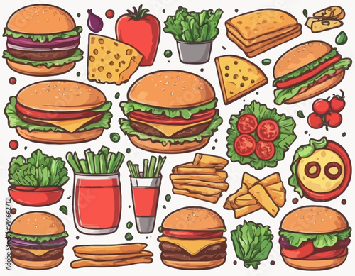 Burger with meat, cheese and vegetable for design of logo or emblem. American fast food or hamburger for label or poster. USA food with bun, lettuce, cheese, tomato, onion, cutlet for store