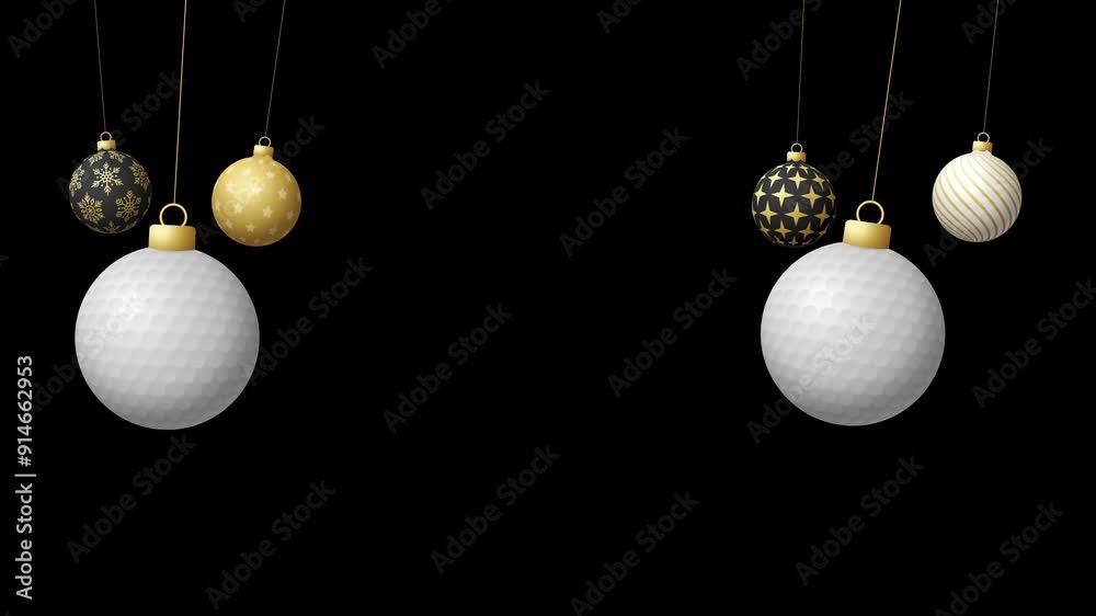 golf Sport Christmas card video 4k animation. Merry Christmas sport greeting card. Hang on a thread ball as a xmas ball and golden bauble on black horizontal background. golf Sport Christmas card video 4k animation. Merry Christmas sport greeting card. Hang on a thread ball as a xmas ball and golden bauble on black horizontal background.