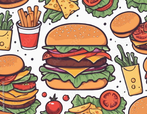 Burger with meat, cheese and vegetable for design of logo or emblem. American fast food or hamburger for label or poster. USA food with bun, lettuce, cheese, tomato, onion, cutlet for store