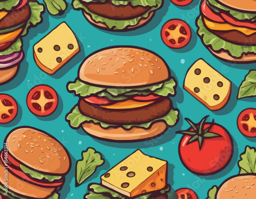 Burger with meat, cheese and vegetable for design of logo or emblem. American fast food or hamburger for label or poster. USA food with bun, lettuce, cheese, tomato, onion, cutlet for store