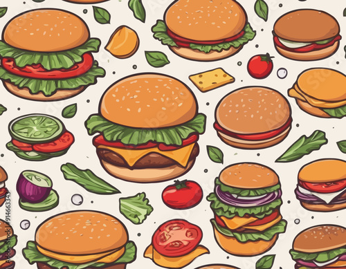 Burger with meat, cheese and vegetable for design of logo or emblem. American fast food or hamburger for label or poster. USA food with bun, lettuce, cheese, tomato, onion, cutlet for store