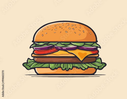 Burger with meat, cheese and vegetable for design of logo or emblem. American fast food or hamburger for label or poster. USA food with bun, lettuce, cheese, tomato, onion, cutlet for store