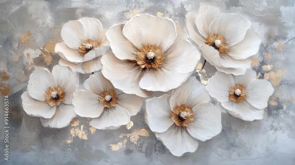Elegant White Flowers With Golden Accents Displayed on a Subtle Grey Background in Artistic Arrangement