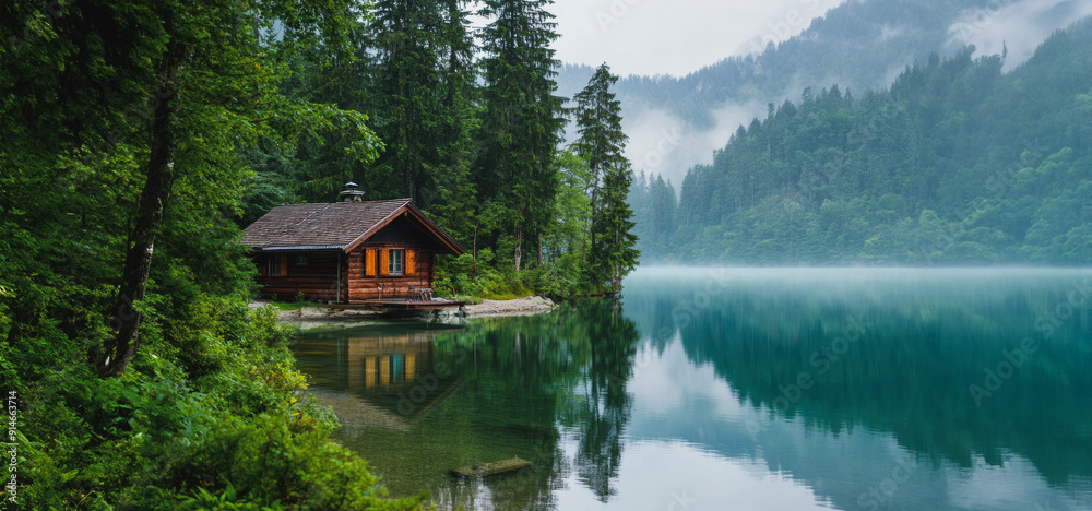 Naklejka premium Tranquil Wooden Cabin Beside Serene Mountain Lake Surrounded by Lush Green Forest in Early Morning Fog