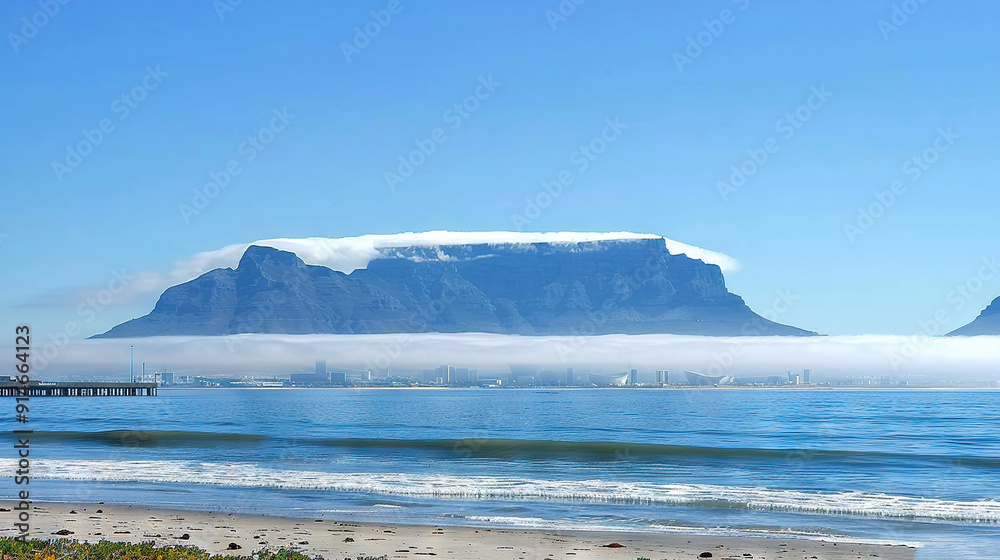 Mountain and water with pier in foreground and city in background Mountain and water with pier in foreground and city in background