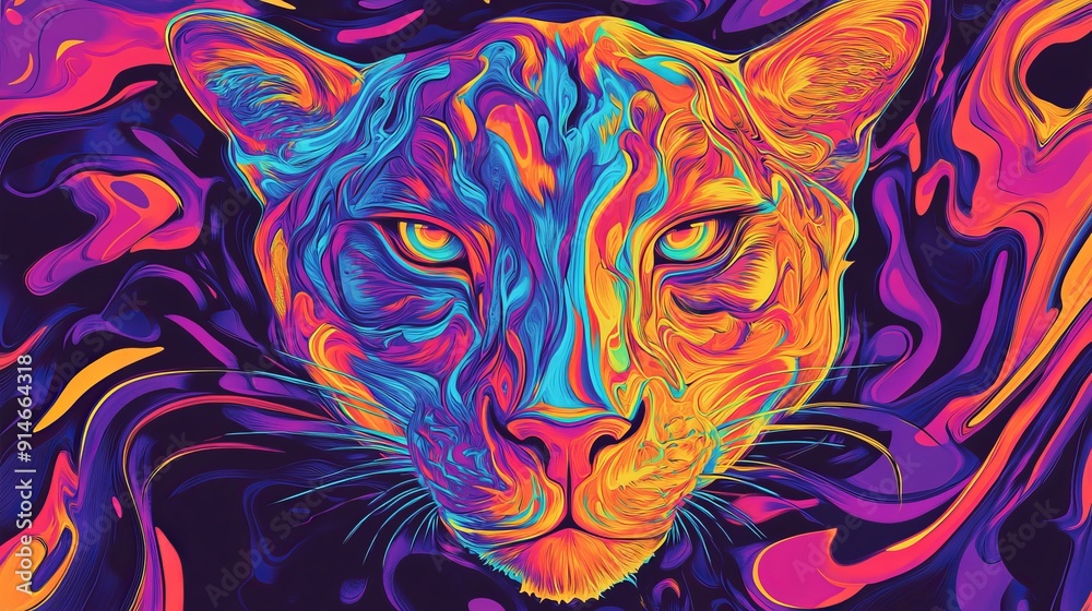 Colorful abstract illustration of a puma's face with vibrant swirling patterns Colorful abstract illustration of a puma's face with vibrant swirling patterns