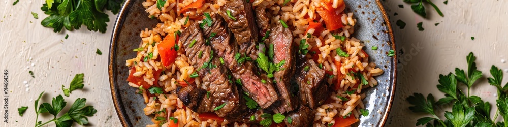 Skirt steak with rice A delicious Mexican dish of skirt steak served with flavorful rice Skirt steak with rice A delicious Mexican dish of skirt steak served with flavorful rice