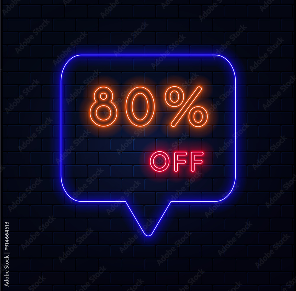 80%. eighty percent off. neon style. Selling special offers. A neon style balloon advertisement for a shopping day retail advertising campaign. brick background. vector illustration 80%. eighty percent off. neon style. Selling special offers. A neon style balloon advertisement for a shopping day retail advertising campaign. brick background. vector illustration