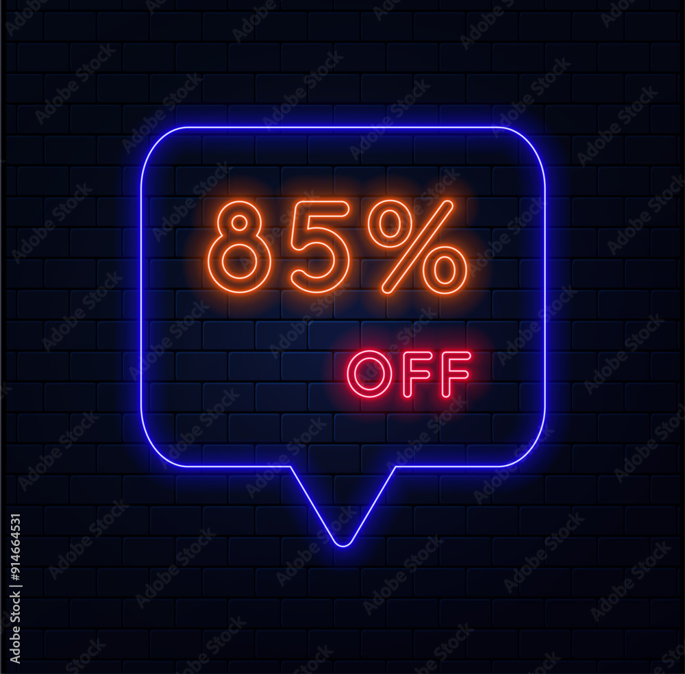 85%. eighty-five percent off. neon style. Selling special offers. A neon style balloon advertisement for a shopping day retail advertising campaign. brick background. vector illustration 85%. eighty-five percent off. neon style. Selling special offers. A neon style balloon advertisement for a shopping day retail advertising campaign. brick background. vector illustration