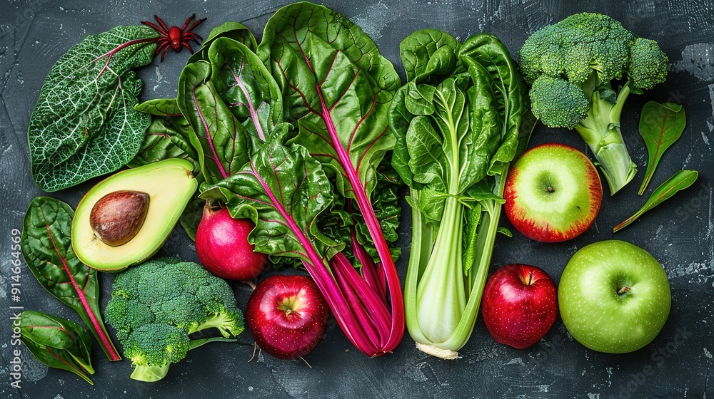 A cluster of produce resting on a dark background with an arachnid perched above it A cluster of produce resting on a dark background with an arachnid perched above it