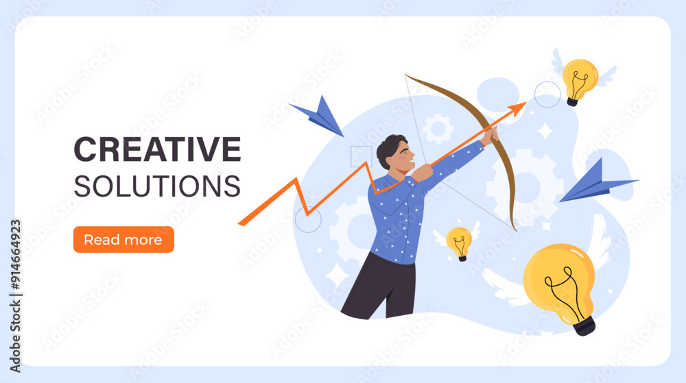 Creative solutions poster. Man withbow aimimng at light bulb. Creativity and inspiration. Business decison and commerce. Start up development. Landing webpage design. Flat vector illustration Creative solutions poster. Man withbow aimimng at light bulb. Creativity and inspiration. Business decison and commerce. Start up development. Landing webpage design. Flat vector illustration