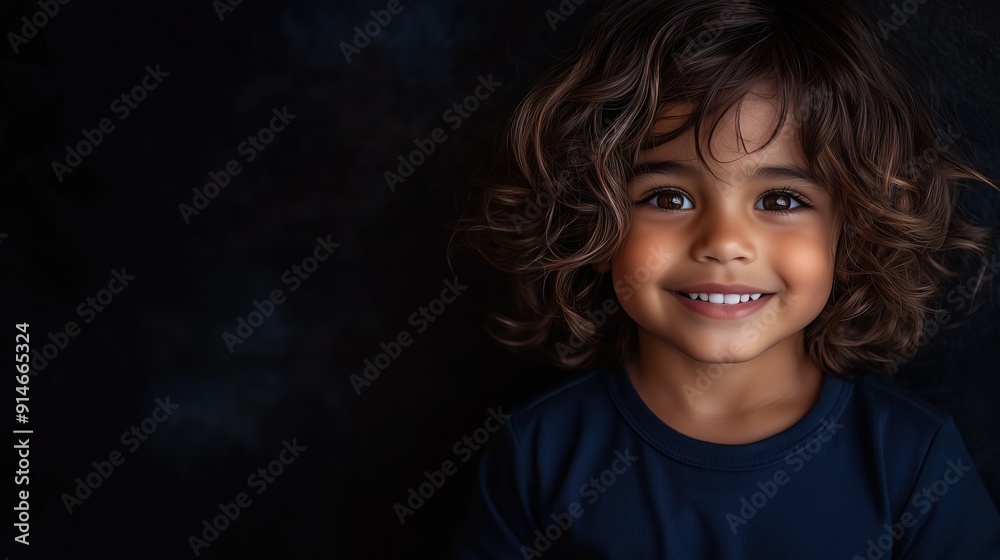 Smiling young boy with curly hair standing against a textured dark background, radiating joy and innocence, space for text Smiling young boy with curly hair standing against a textured dark background, radiating joy and innocence, space for text