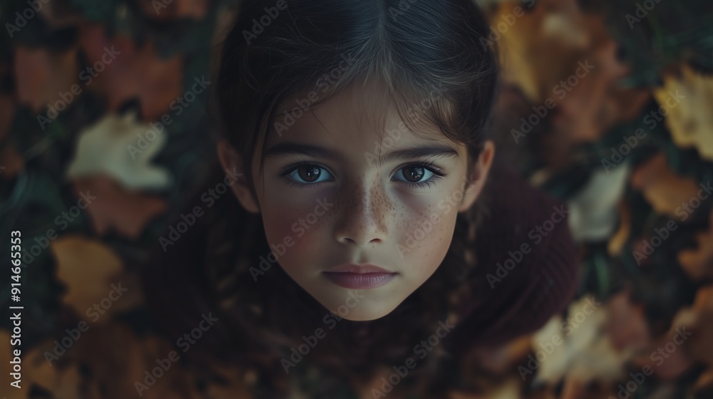 Overhead portrait of a young girl with freckles, lying among autumn leaves, looking directly into the camera with a serious expression