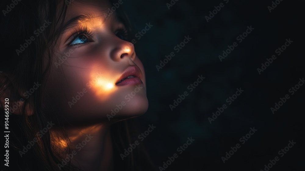 Dramatic portrait of a young girl with light shining on her face, looking upwards in a dark, moody environment, space for text Dramatic portrait of a young girl with light shining on her face, looking upwards in a dark, moody environment, space for text