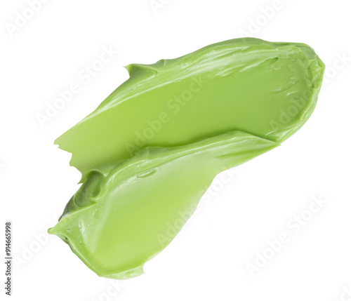 Swatch texture of green cream cray kaolin cosmetic mask for face and body on a white isolated background. Copy space