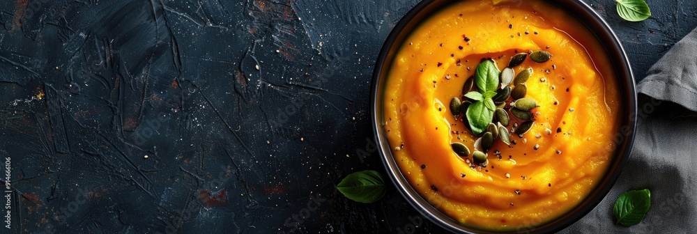 Pumpkin soup with mashed potatoes and seeds in a bowl Fall menu Copy space Pumpkin soup with mashed potatoes and seeds in a bowl Fall menu Copy space