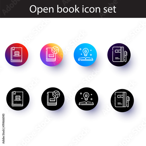 Books open, closed black icons set on white. Literature, publishing house, library pictograms collection. Reading festival, club logos. Writing competition vector for infographic, web. Top, side view.
