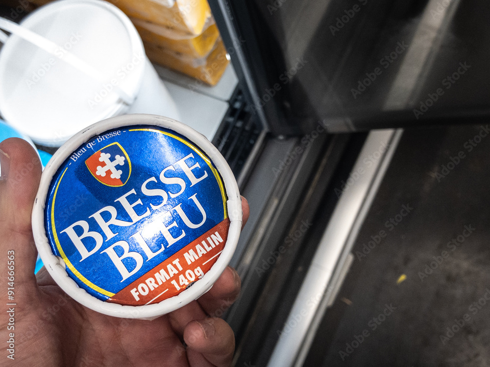 BELGRADE, SERBIA JULY 13, 2024 Bresse Bleu cheese for sale in a — free download