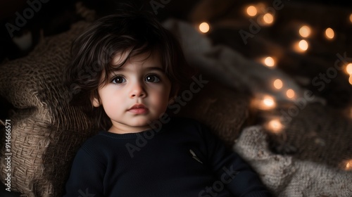 Young boy with long dark hair, sitting on a bed, looking serious, with warm bokeh lights in the background.