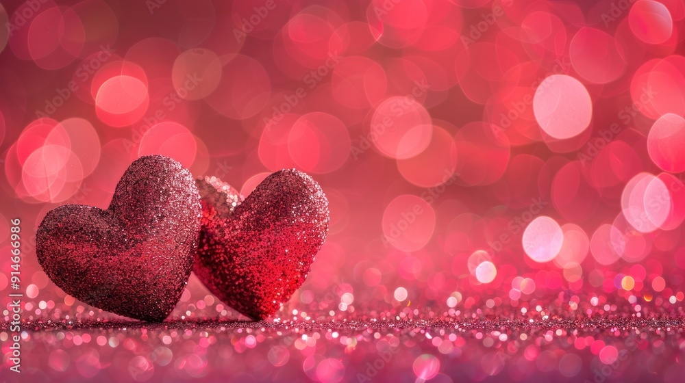 Two Red Glitter Hearts on a Sparkling Background Two Red Glitter Hearts on a Sparkling Background
