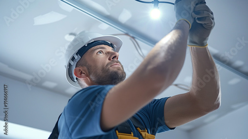 Professional Electrician Installing Ceiling Light Fixture – Safe and Reliable Electrical Services