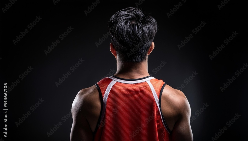 Fototapeta premium The back of an Asian basketball player; sports photography with a black background; muscular Asian athlete